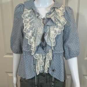 Lace-Trimmed Blue Blouse